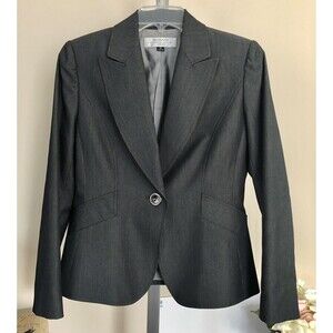 TAHARI BLAZER SUIT PETITE SIZE 6P BUSSINES CASUAL STRIPE GRAY ONE BUTTON
